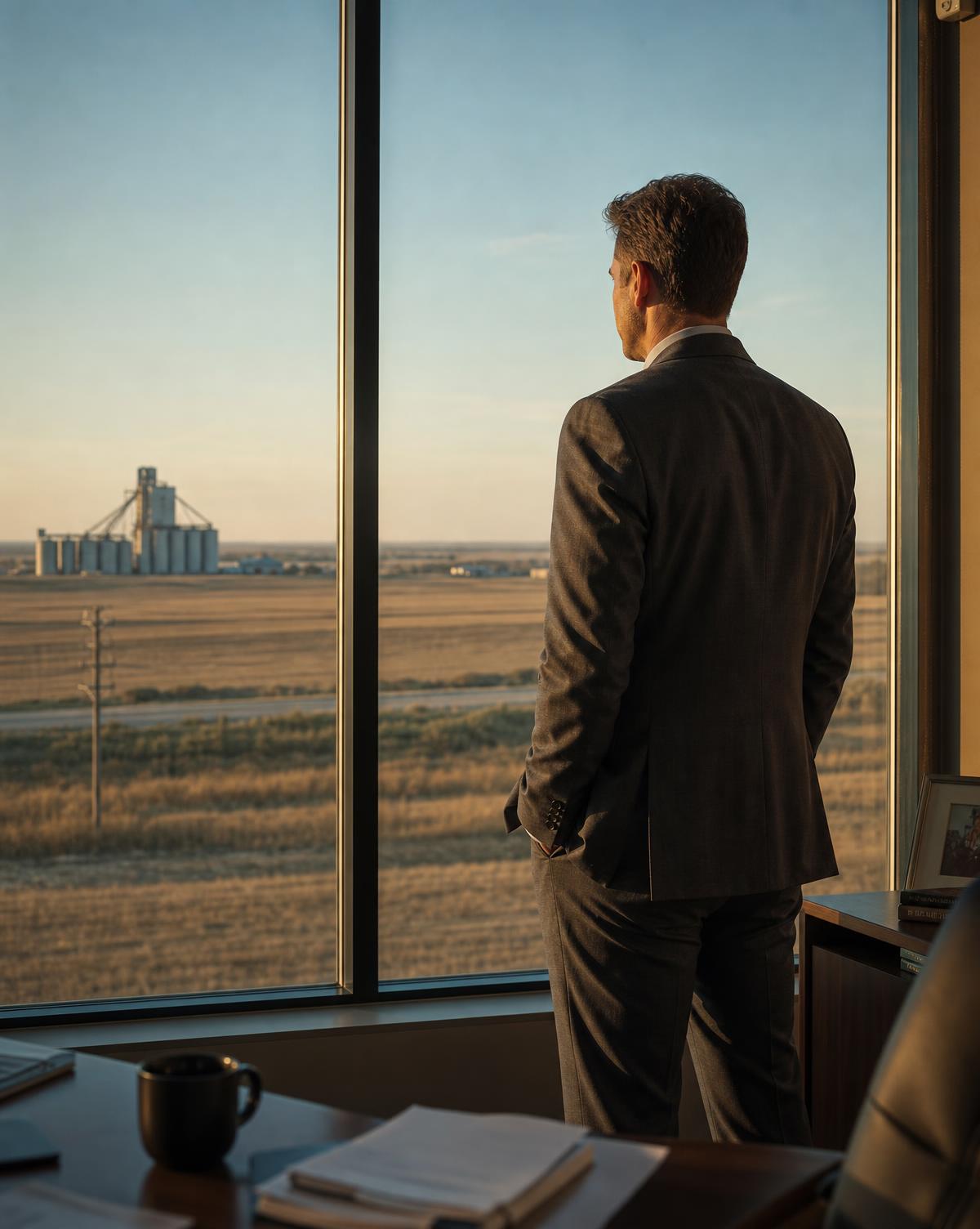 CPA looking out over the Nebraska plains from an office window